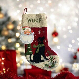 Pet Christmas Stocking Hooked Rug Black Lab Dog Silhouette w/Green Scarf & WOOF